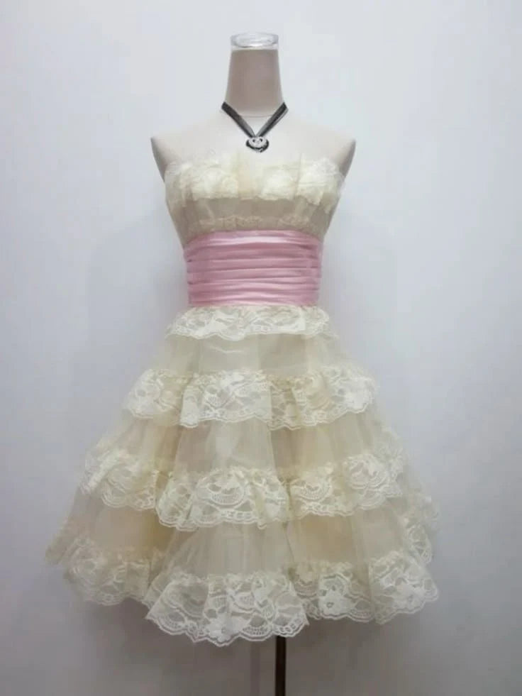 Charming Homecoming Dress Strapless Lace Cascade Back to School Outfits Party Dress D7293