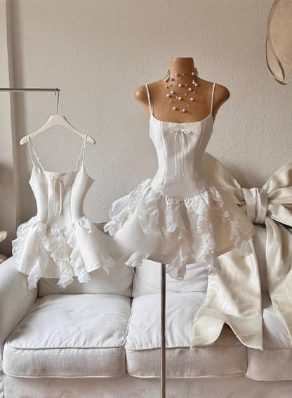 New Homecoming Dress Spaghetti Strap Lace Bowknot Cascade Back to School Outfits Party Dress D7609