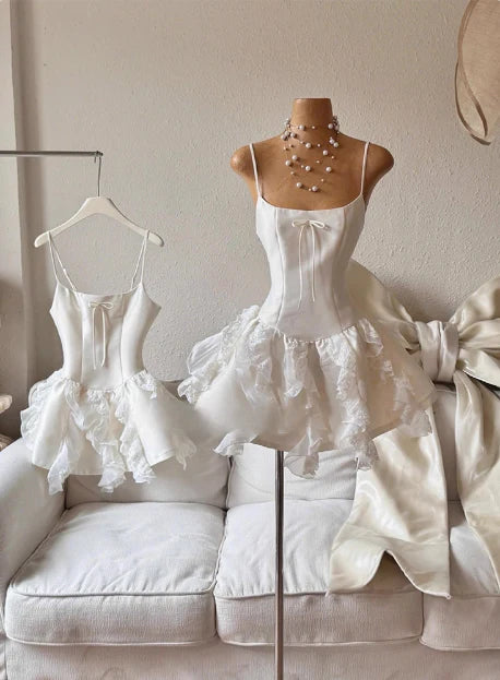 New Homecoming Dress Spaghetti Strap Lace Bowknot Cascade Back to School Outfits Party Dress D7609