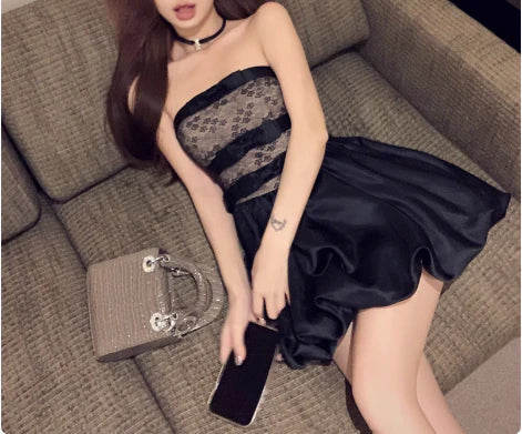 New Homecoming Dress Strapless Lace Bowknot Back to School Outfits Party Dress D7528