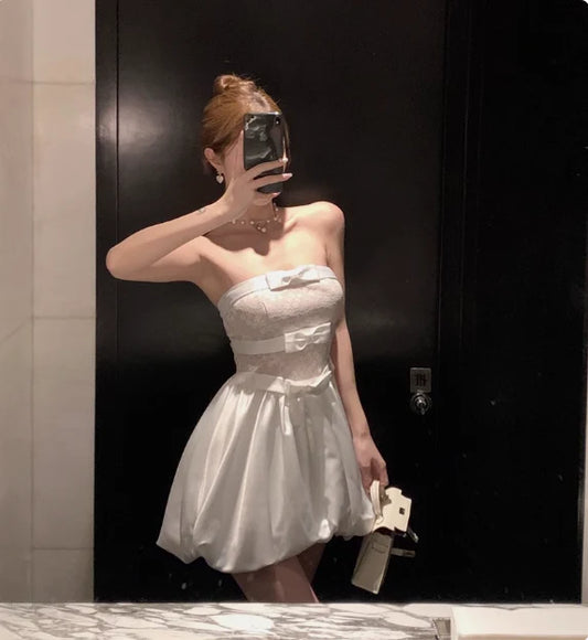 New Homecoming Dress Strapless Lace Bowknot Back to School Outfits Party Dress D7528