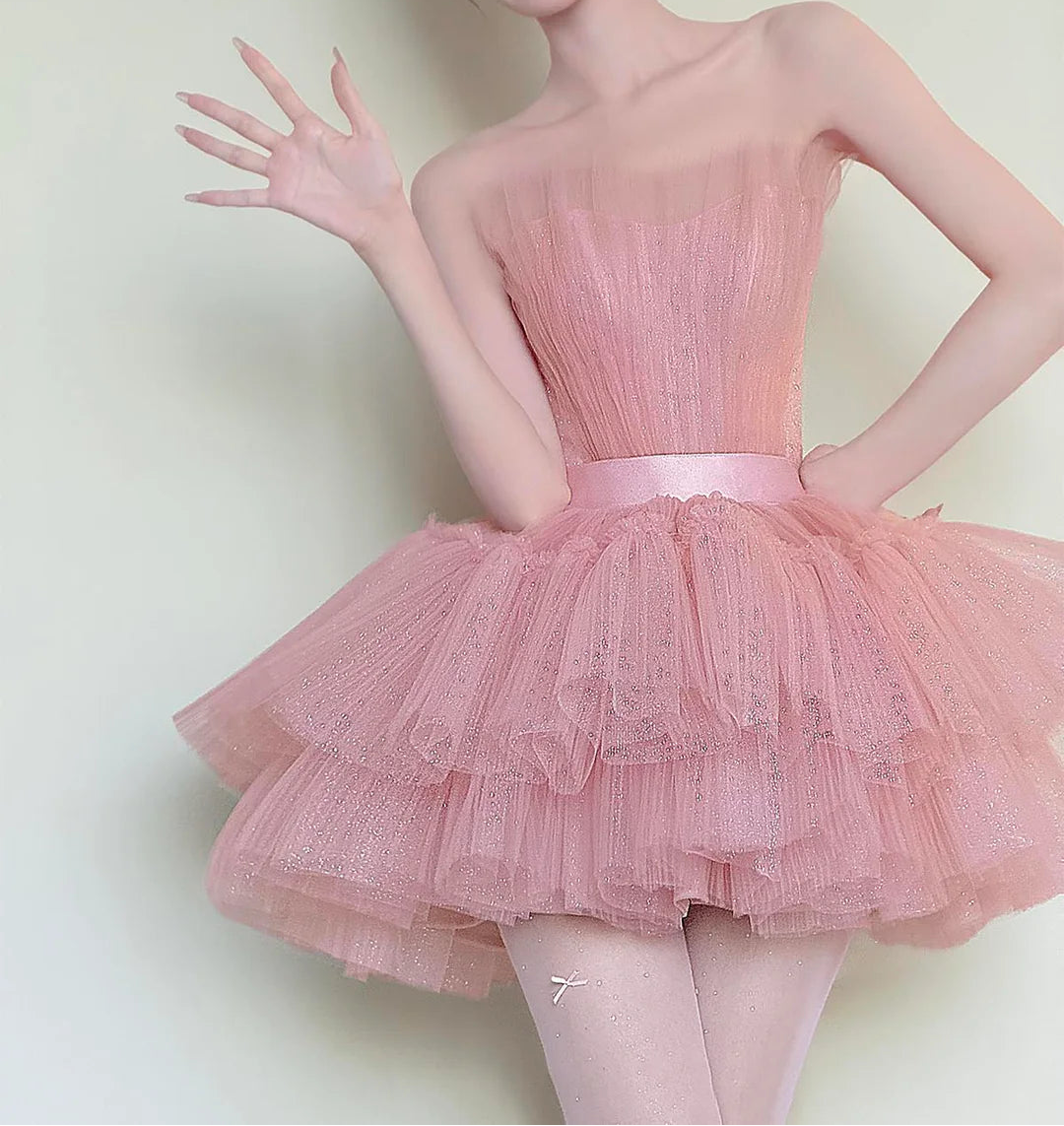 Charming Homecoming Dress Strapless Tulle Lace Short Prom Dress Back to School Outfits Party Dress  D6033