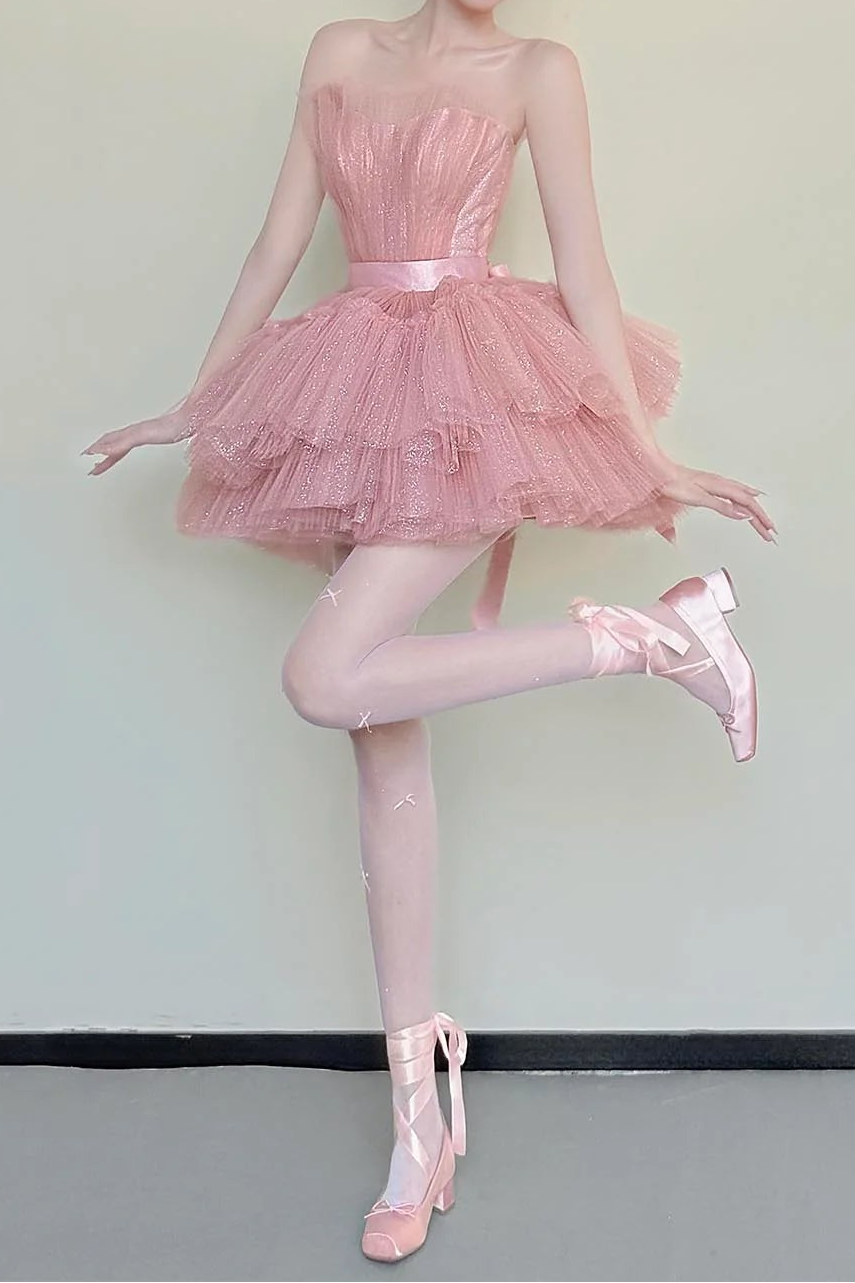 Charming Homecoming Dress Strapless Tulle Lace Short Prom Dress Back to School Outfits Party Dress  D6033