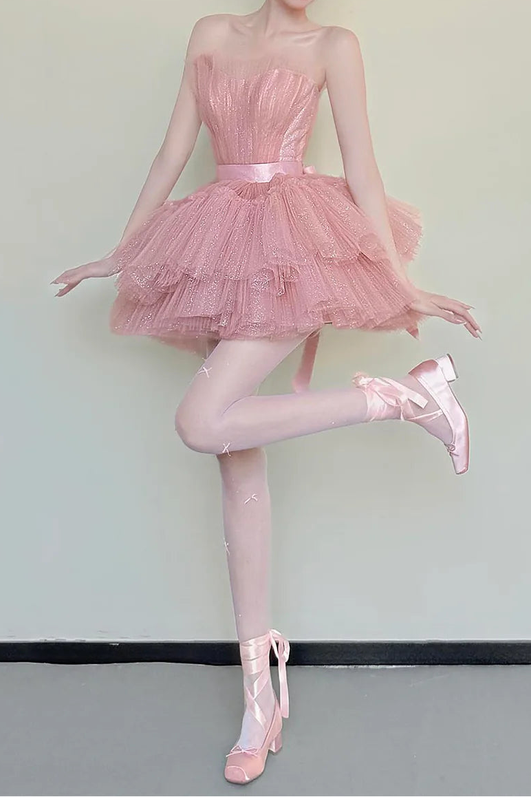 Charming Homecoming Dress Strapless Tulle Lace Short Prom Dress Back to School Outfits Party Dress  D6033