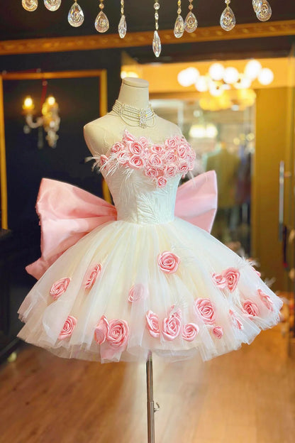 Sweet Homecoming Dress  Sweetheart Tulle Lace Rose Bowknot Short Prom Dress Back to School Outfits Party Dress  D6031