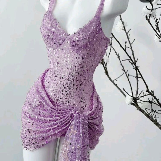 New Homecoming Dress V Neck Sequins Soutache Pleated Back to School Outfits Party Dress D7559