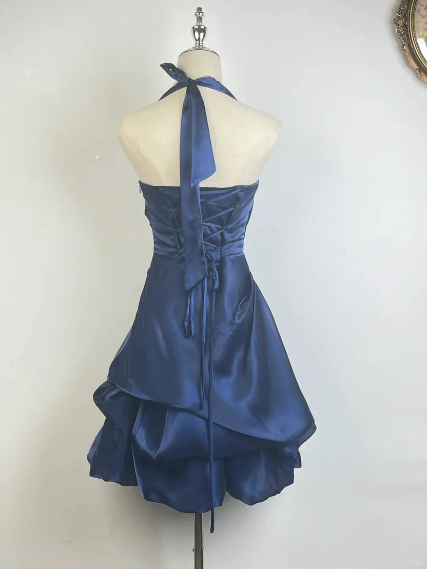 Beautiful Homecoming Dress Halter Pleated Back to School Outfits Party Dress D7288