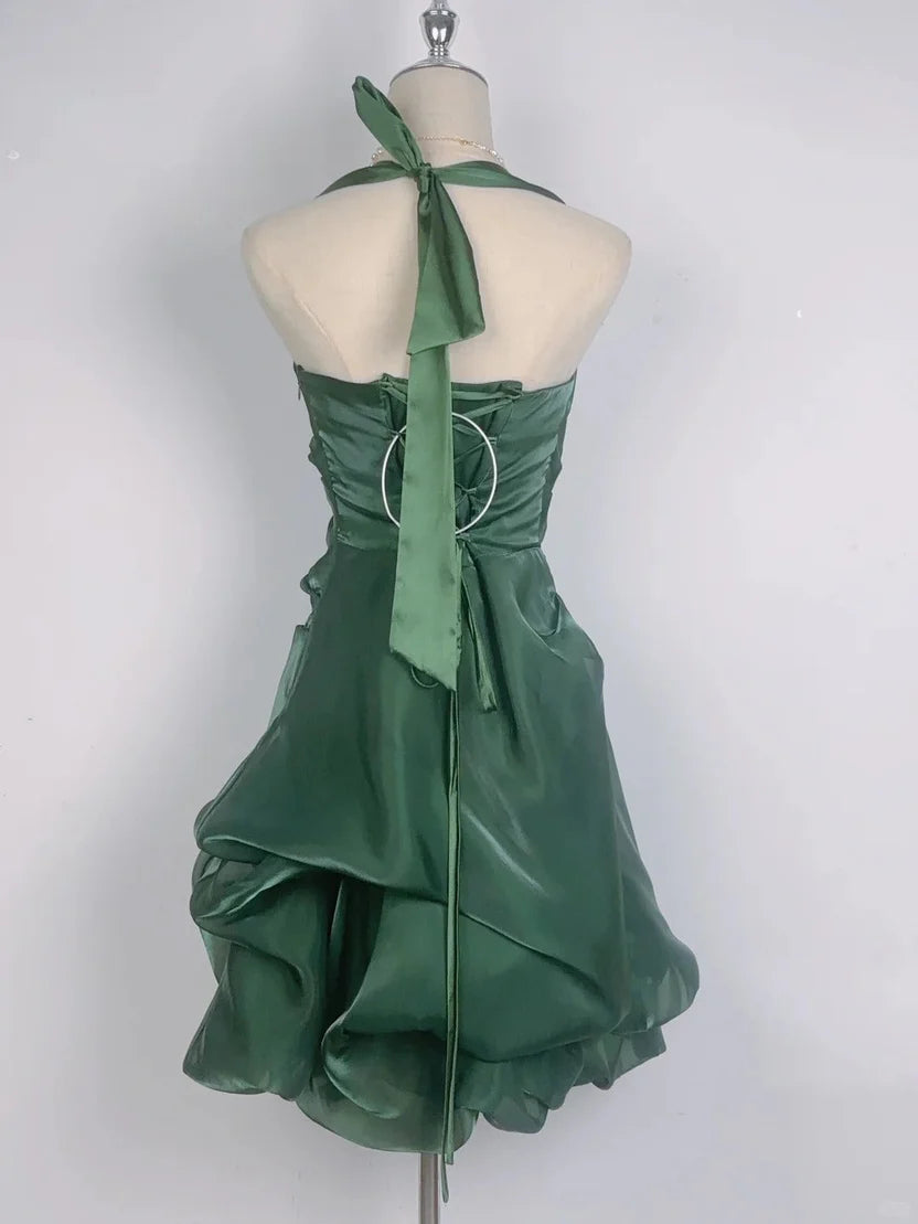 Beautiful Homecoming Dress Halter Pleated Back to School Outfits Party Dress D7288