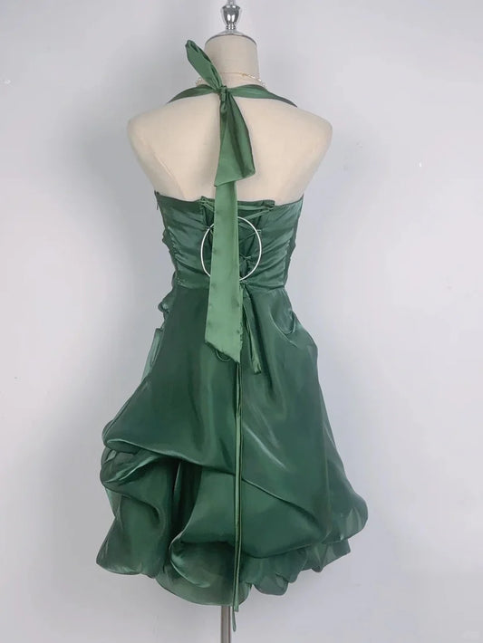 Beautiful Homecoming Dress Halter Pleated Back to School Outfits Party Dress D7288