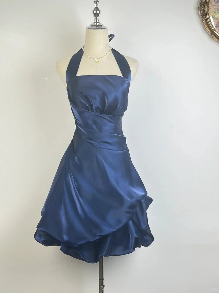 Beautiful Homecoming Dress Halter Pleated Back to School Outfits Party Dress D7288