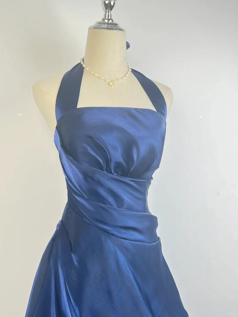 Beautiful Homecoming Dress Halter Pleated Back to School Outfits Party Dress D7288