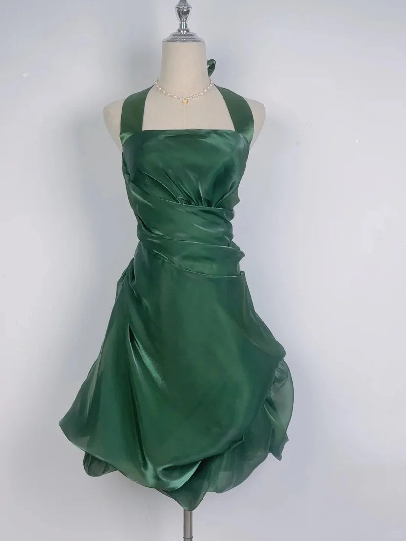Beautiful Homecoming Dress Halter Pleated Back to School Outfits Party Dress D7288