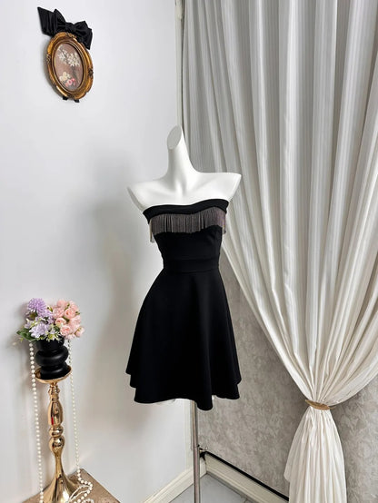 New Homecoming Dress Strapless Pleated Tassel Back to School Outfits Party Dress D6933