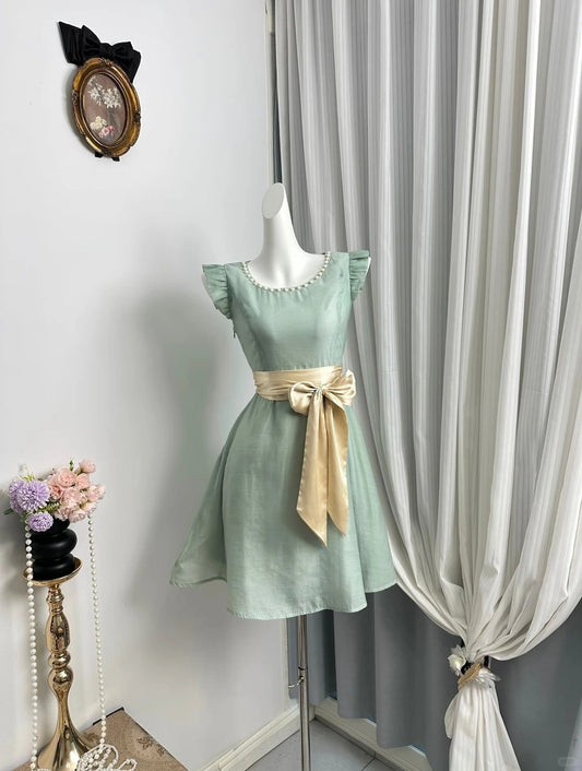New Homecoming Dress Jewel Pleated Pearl Bowknot Back to School Outfits Party Dress D6934