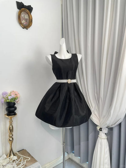 New Homecoming Dress Jewel Bowknot Pleated Pearl Back to School Outfits Party Dress D6957