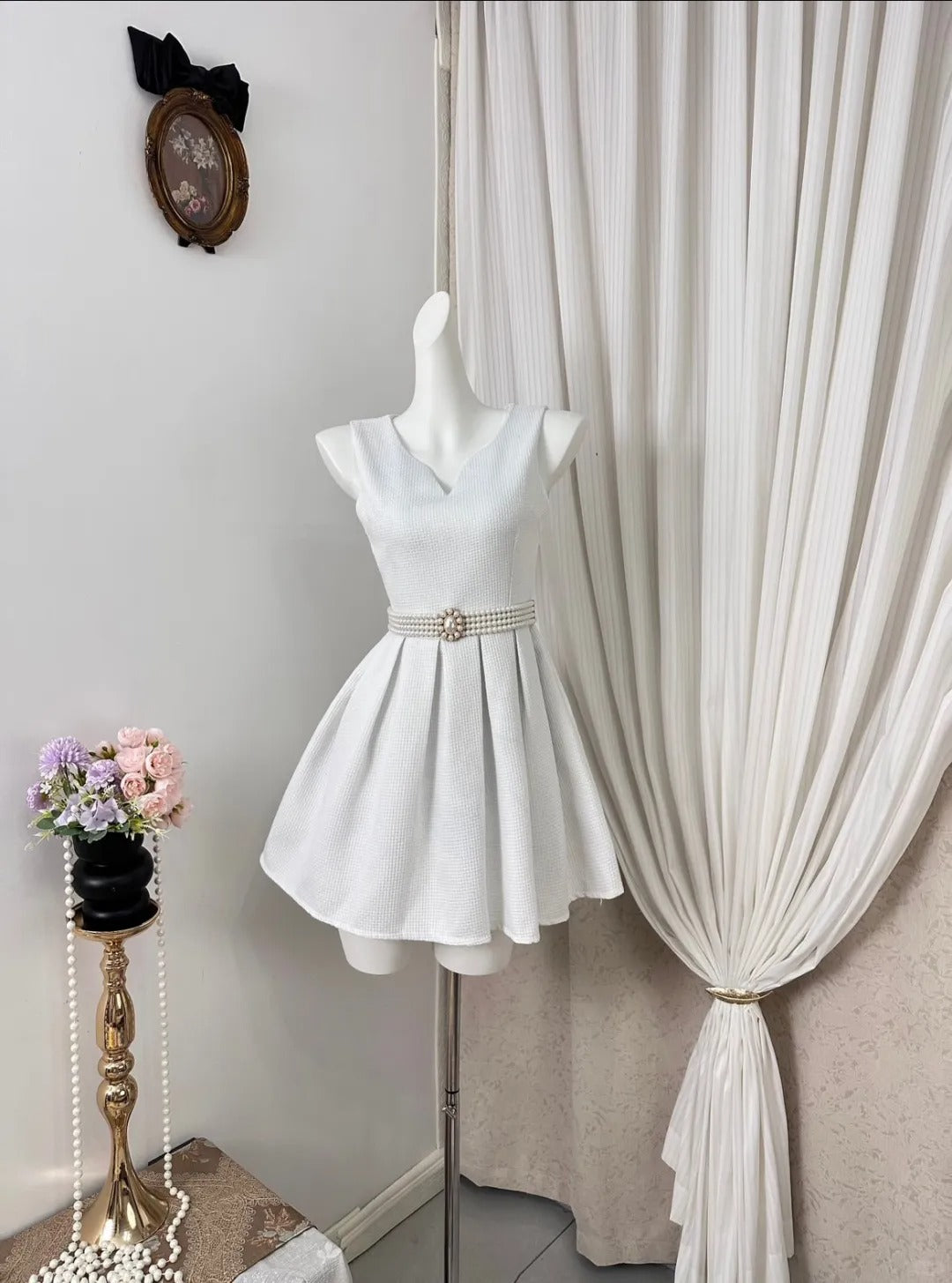 New Homecoming Dress V Neck Pleated Pearl Back to School Outfits Party Dress D6910