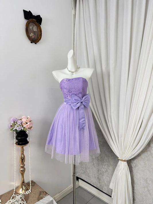 New Homecoming Dress Strapless Bowknot Tulle Back to School Outfits Party Dress D6909