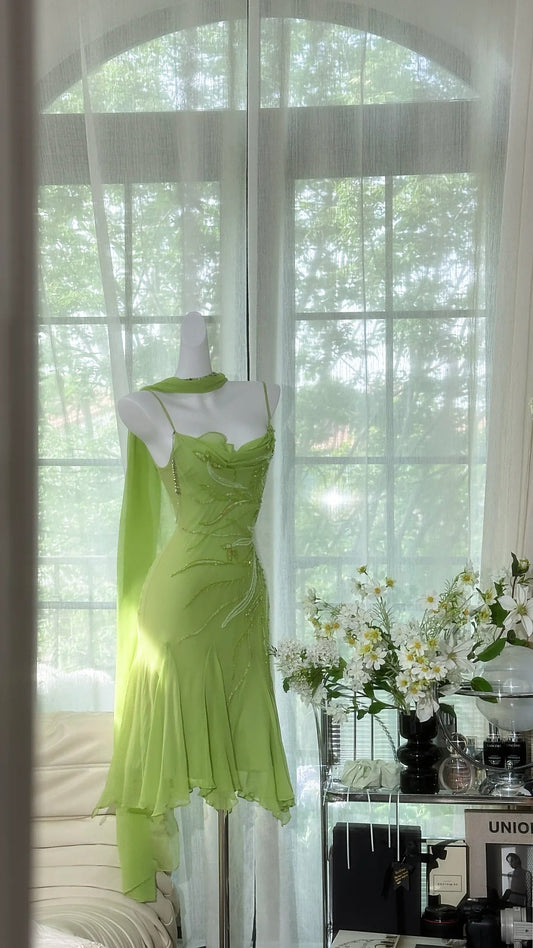 Chic Green Sequin Spaghetti Strap A-line Chiffon Party Dresses Homecoming Dresses, D1329