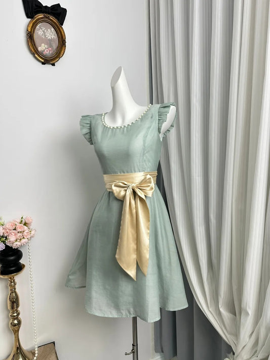 New Homecoming Dress Jewel Pleated Pearl Bowknot Back to School Outfits Party Dress D6934
