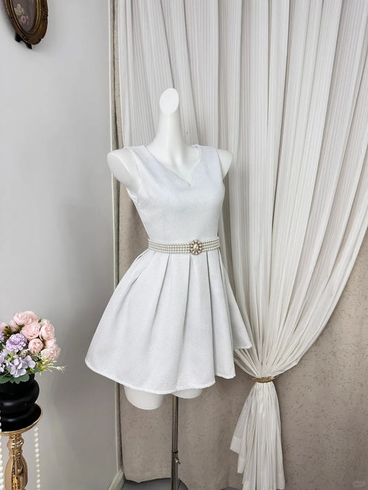 New Homecoming Dress V Neck Pleated Pearl Back to School Outfits Party Dress D6910