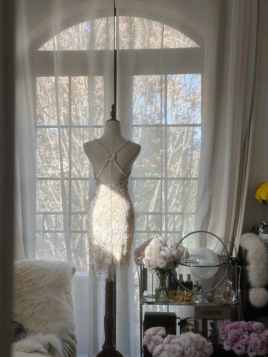 Vintage Beige Sequin Beading Appliques Spaghetti Strap A-line V-neck Party Dresses Homecoming Dresses, D1331