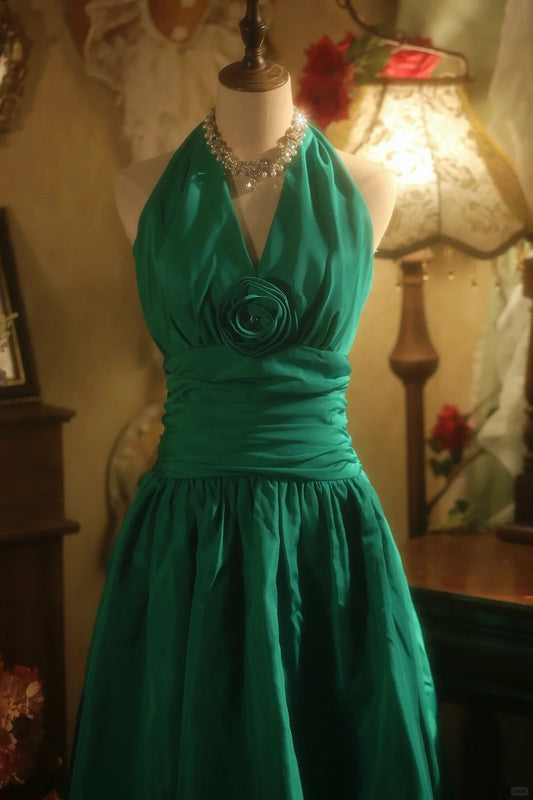 Charming Homecoming Dress Halter Pleated Flower Dress Back to School Outfits Party Dress  D6402