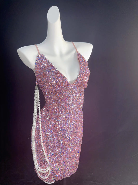 New Homecoming Dress V Neck Sequins Pearl Back to School Outfits Party Dress D6895
