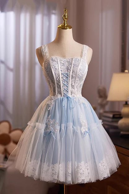 Lovely Homecoming Dress Square Tulle Lace  Short Prom Dress Cocktail Outfits Birthday Party Dress  D6023