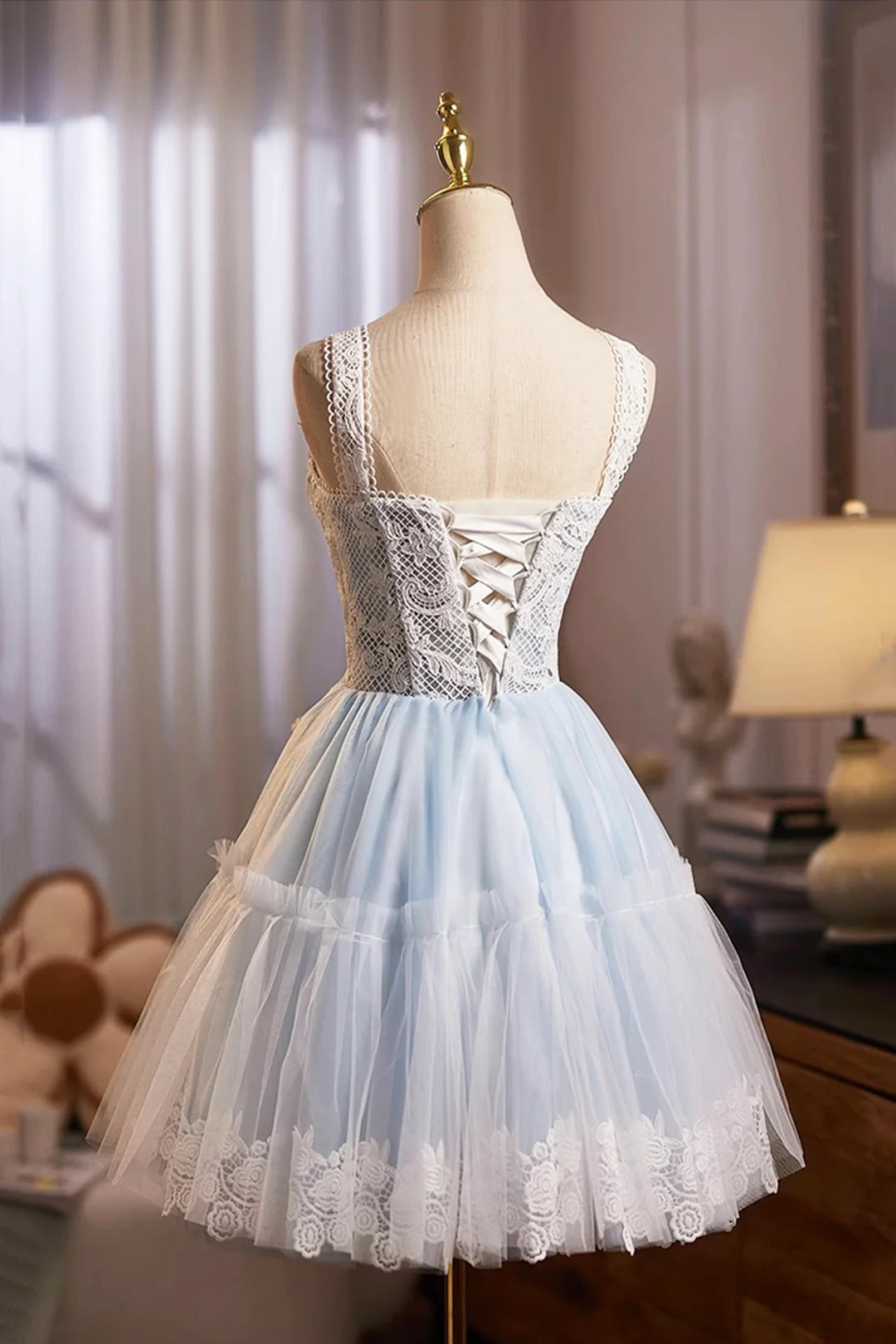 Lovely Homecoming Dress Square Tulle Lace  Short Prom Dress Cocktail Outfits Birthday Party Dress  D6023