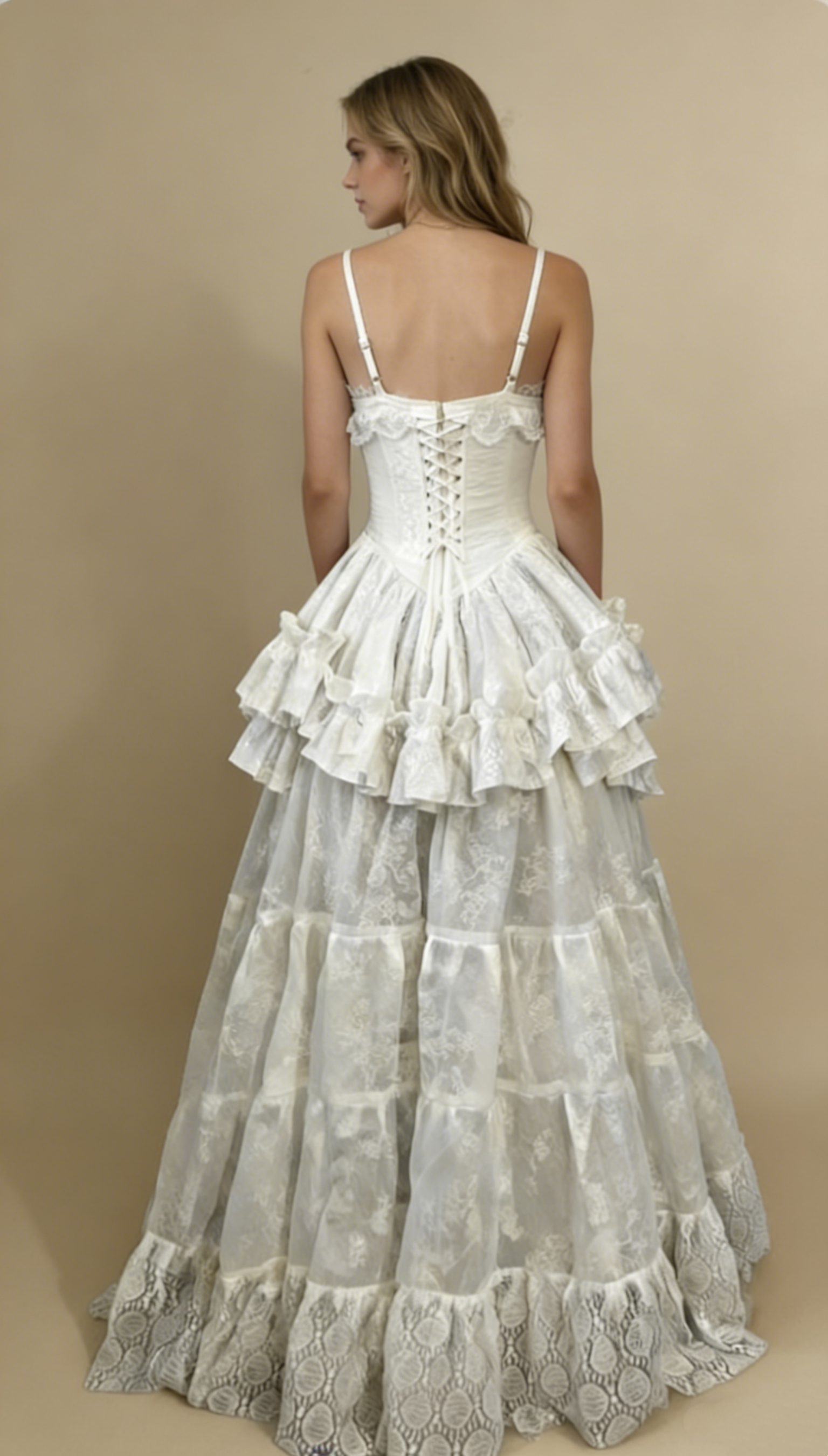 A line long white wedding dress back view