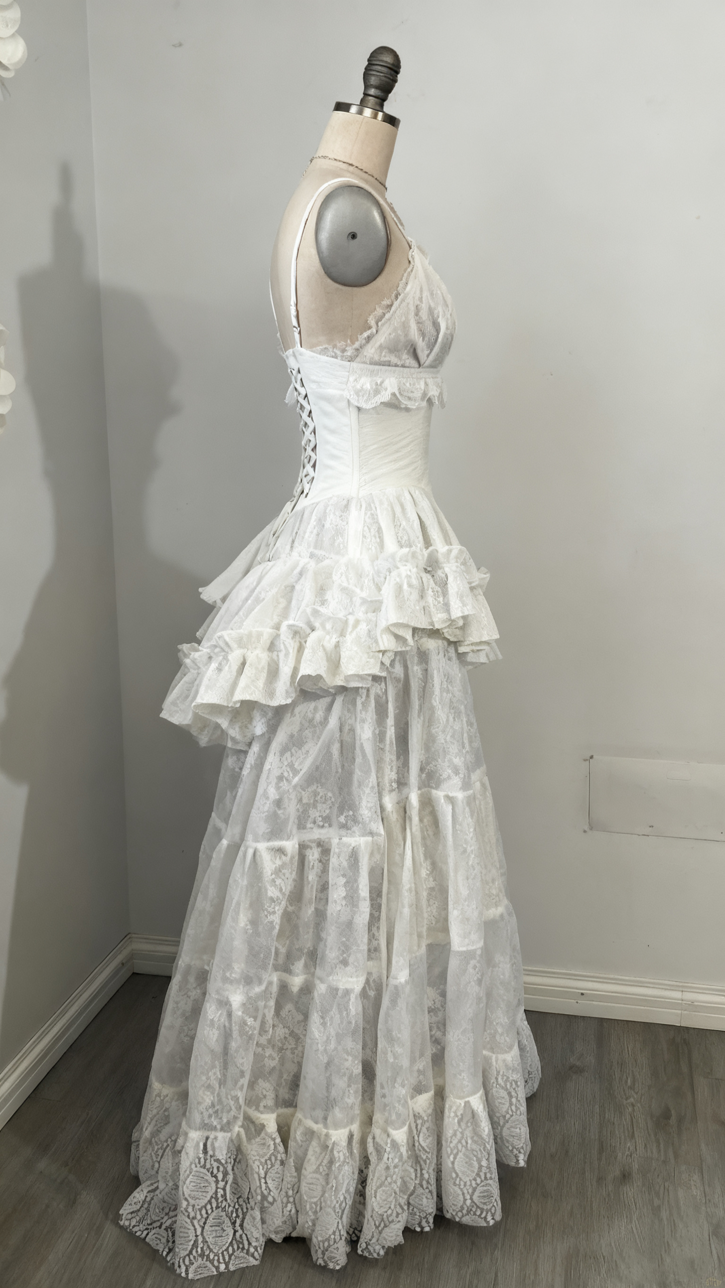 A line long white wedding dress side view