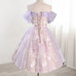 Vintage Light Purple Applique Floral Beaded Off-the-shoulder Design A-line Tulle Party Dress Homecoming Dress D1542
