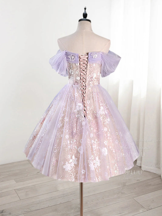 Vintage Light Purple Applique Floral Beaded Off-the-shoulder Design A-line Tulle Party Dress Homecoming Dress D1542