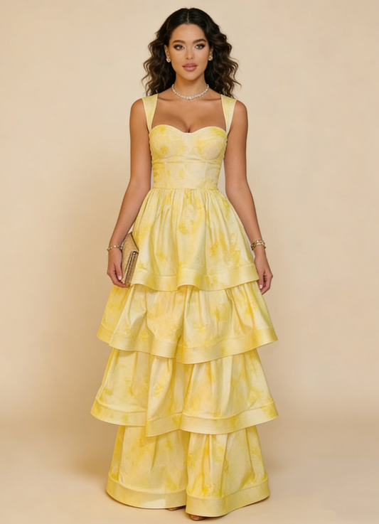 Yellow a-line prom dress model wearing 