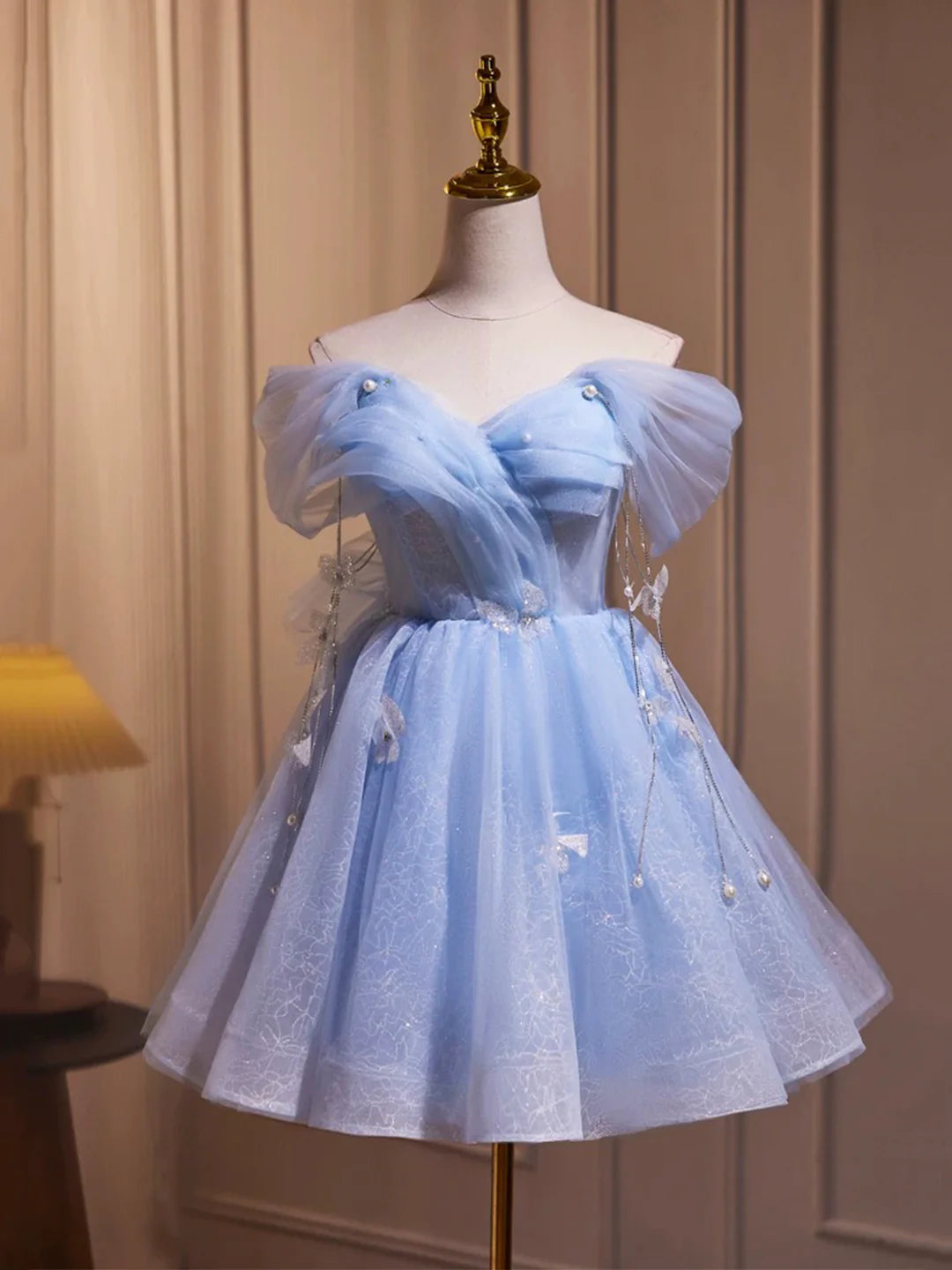Beauty Homecoming Dress Off Shoulder Tulle Tassel Short Prom Dress Birthday Party Outfits Cocktail Dress  D6029