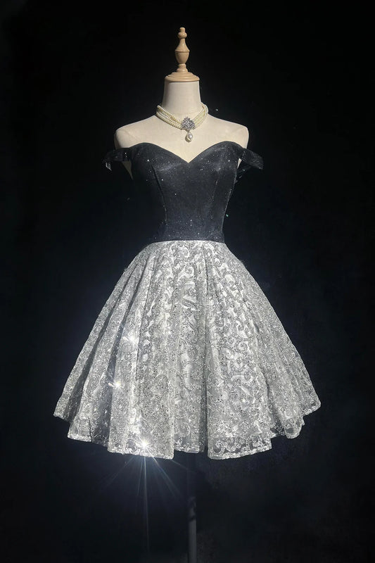 Vintage  Homecoming Dress Off-the-Shoulder Sequin Lace Beading Short Prom Dress Back to School Outfits Party Dress  D6043