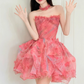 Charming Homecoming Dress Strapless Floral Tulle Short  Pleated Short Prom Dress Back to School Outfits Party Dress  D6016
