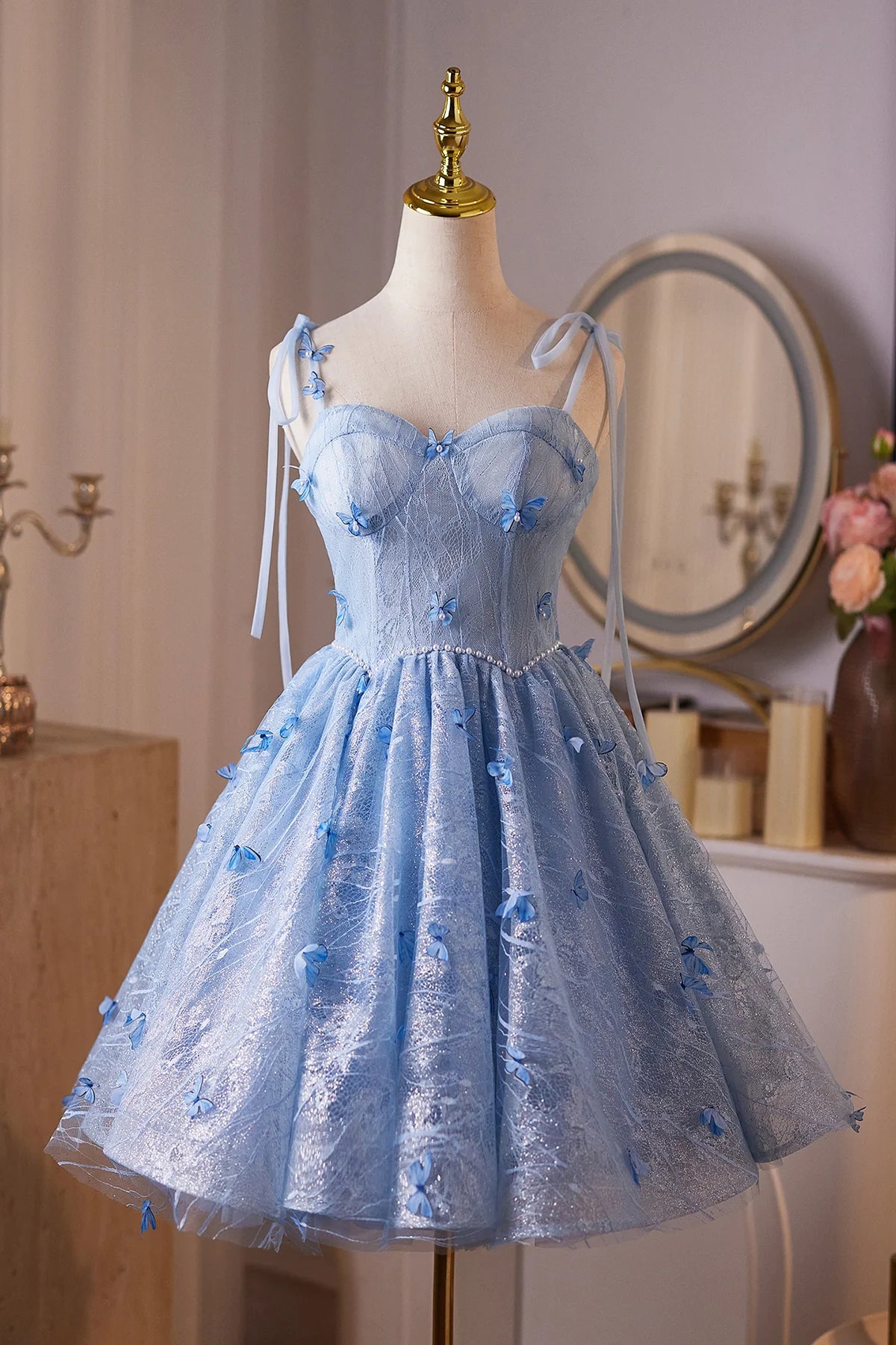 Chic Homecoming Dress Spaghetti Straps Flower Lace Short Prom Dress Back to School Outfits Birthday Party Dress  D6012