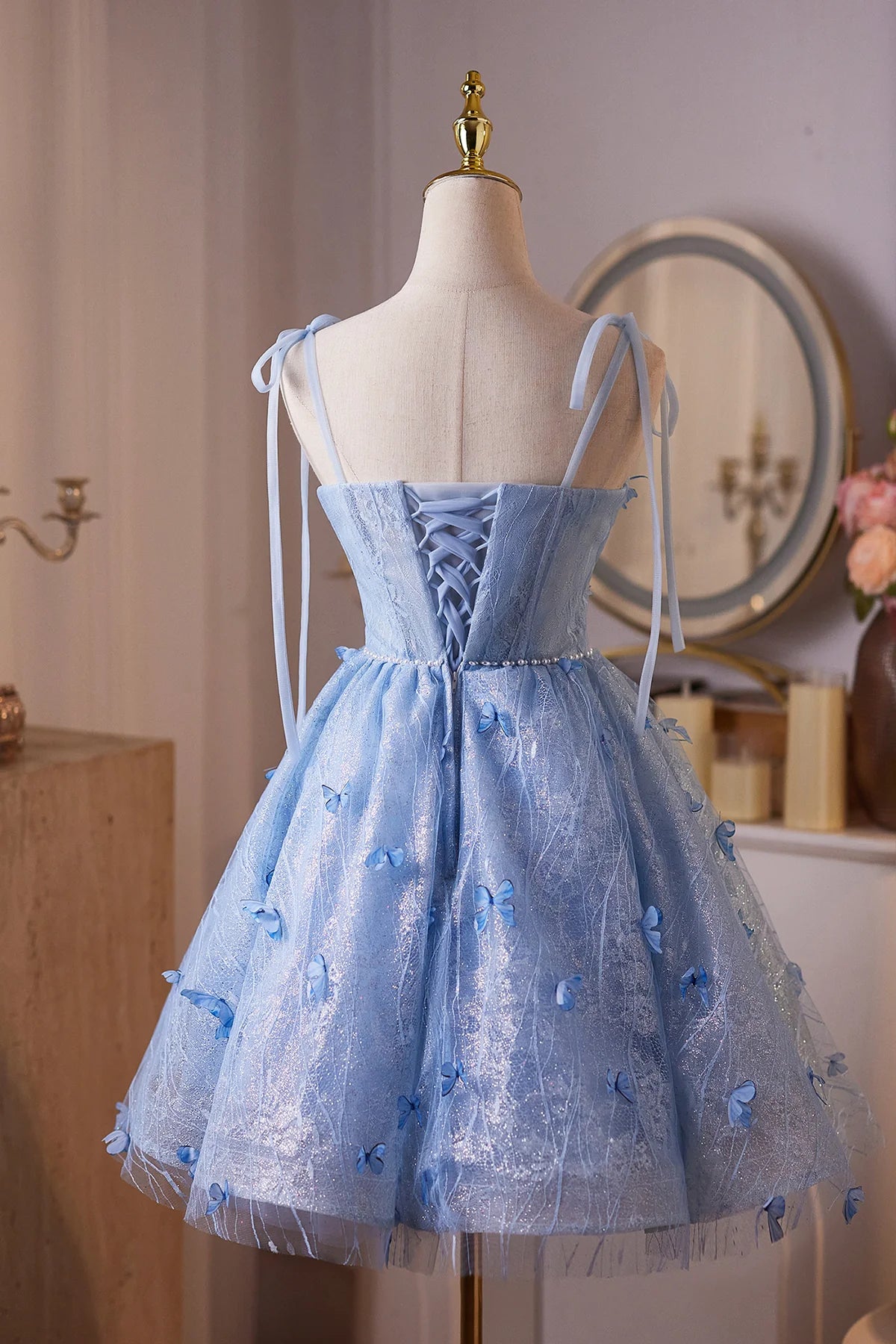 Chic Homecoming Dress Spaghetti Straps Flower Lace Short Prom Dress Back to School Outfits Birthday Party Dress  D6012
