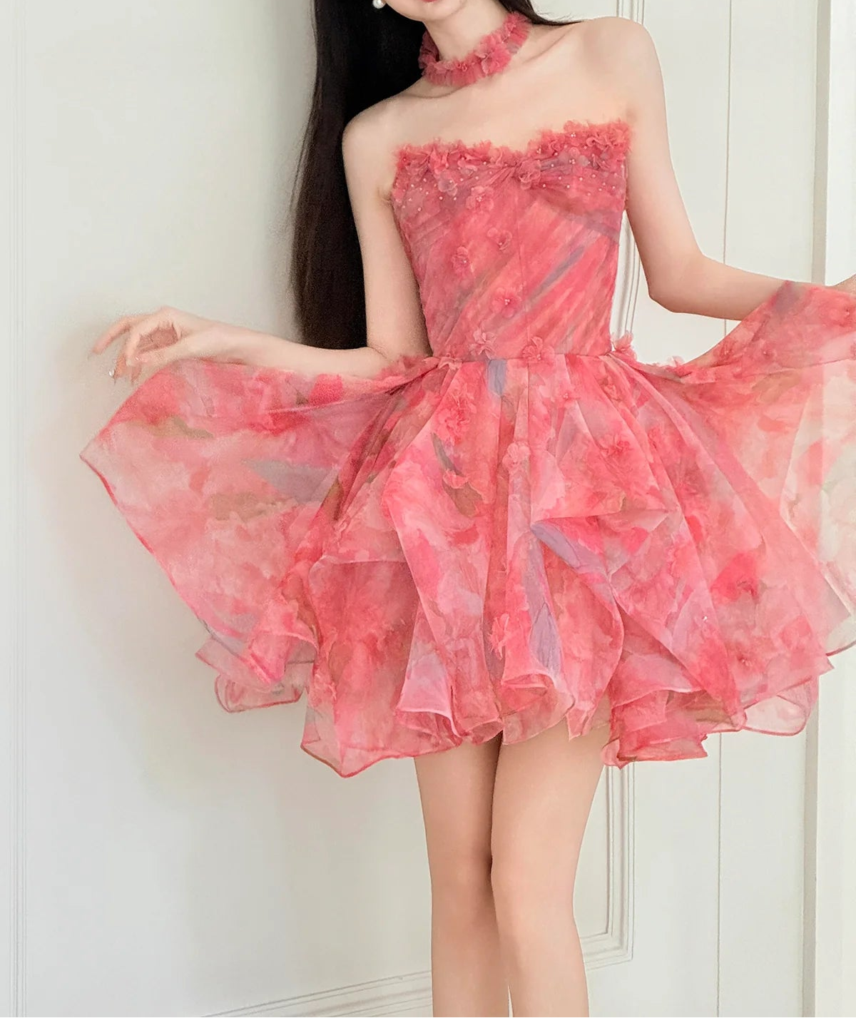 Charming Homecoming Dress Strapless Floral Tulle Short  Pleated Short Prom Dress Back to School Outfits Party Dress  D6016