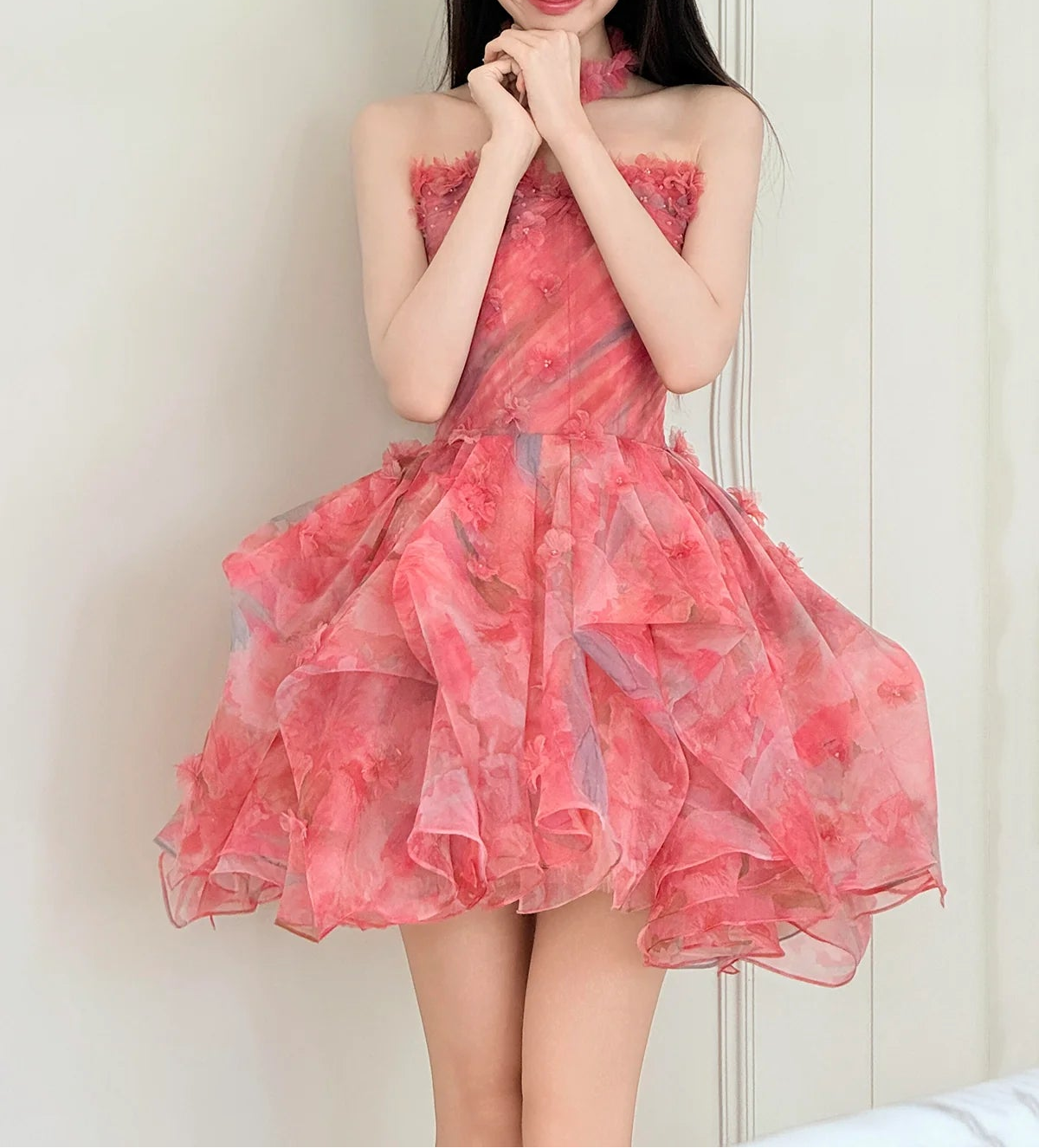 Charming Homecoming Dress Strapless Floral Tulle Short  Pleated Short Prom Dress Back to School Outfits Party Dress  D6016