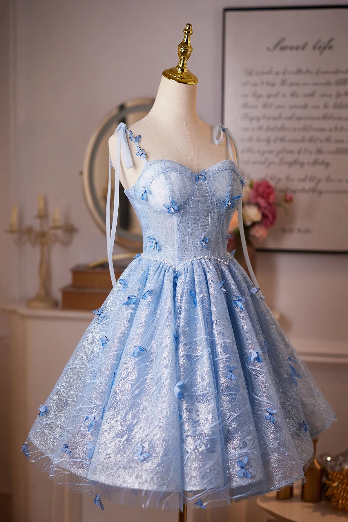 Chic Homecoming Dress Spaghetti Straps Flower Lace Short Prom Dress Back to School Outfits Birthday Party Dress  D6012