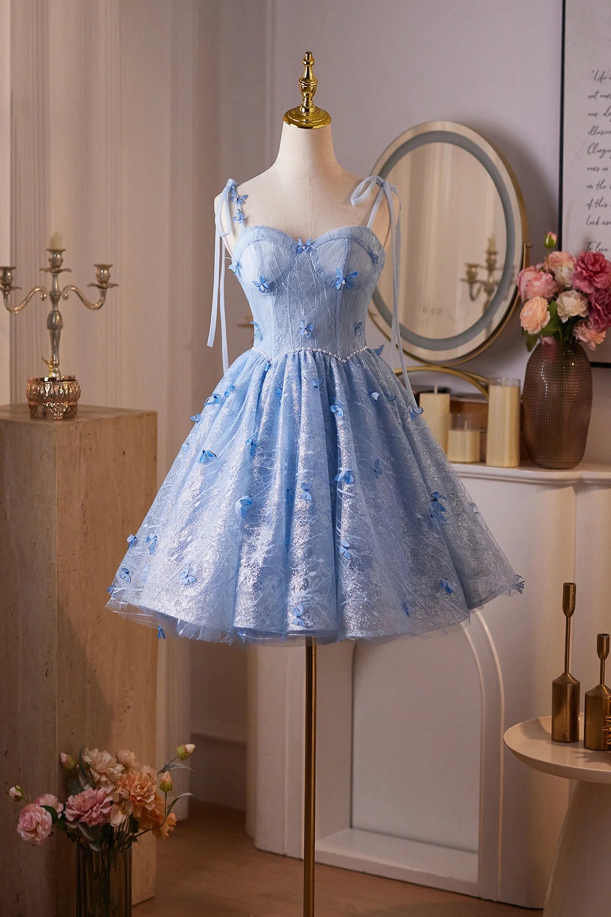 Chic Homecoming Dress Spaghetti Straps Flower Lace Short Prom Dress Back to School Outfits Birthday Party Dress  D6012
