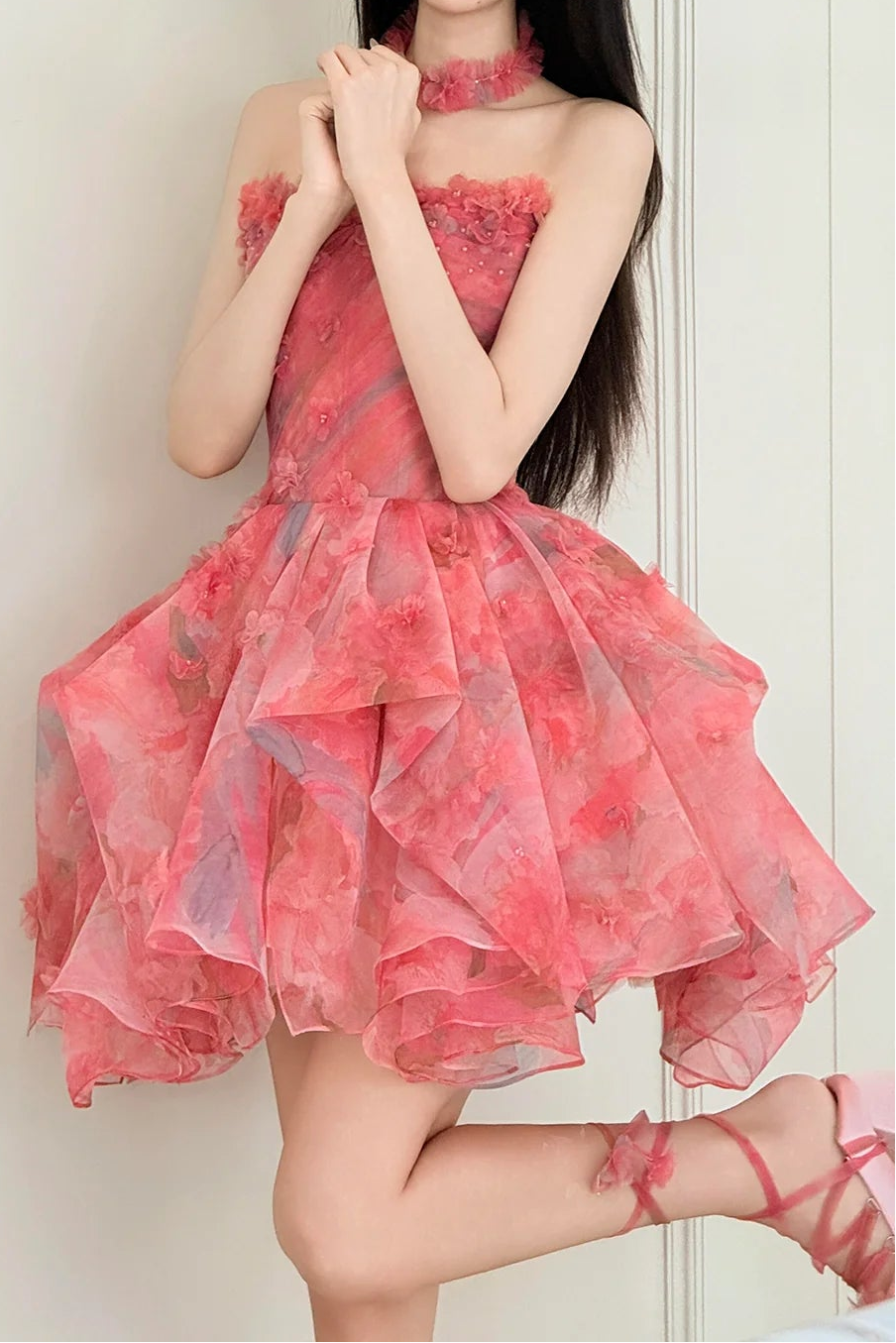 Charming Homecoming Dress Strapless Floral Tulle Short  Pleated Short Prom Dress Back to School Outfits Party Dress  D6016