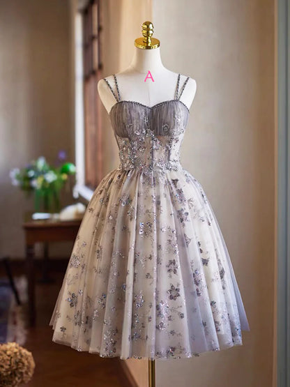 Chic Homecoming Dress Spaghetti Straps Tulle Applique Short Prom Dress Back to School Outfits Party Dress  D6040