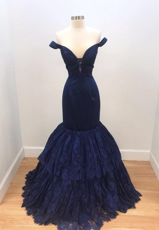 Blue lace long prom dress mermaid evening dress M856