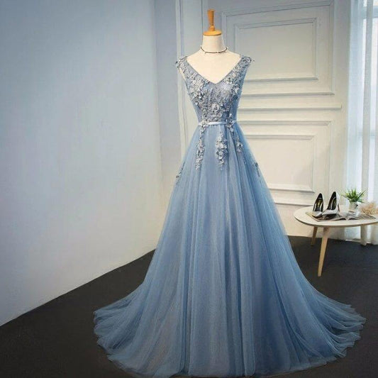 Blue Tulle Long Prom Dress with 3D Flowers M911