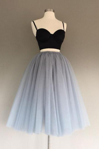 Two Piece Spaghetti Straps A-Line Gray Tulle Homecoming Dress,Sweetheart Tulle Prom Dresses M1271