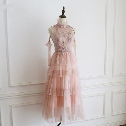 Pink Ruffle Stand Collar Tulle Long Formal Dress  M907