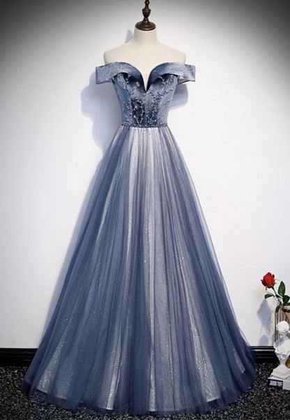 Blue velvet beads prom dress blue formal dress M845
